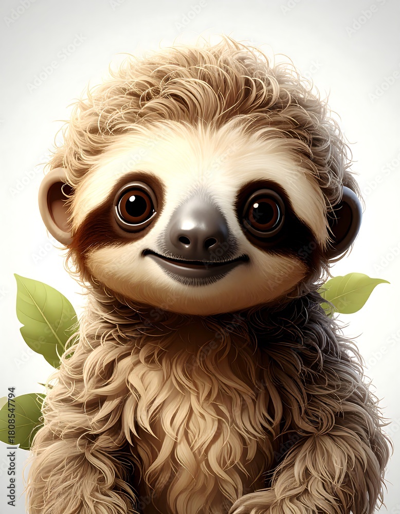 Fototapeta premium Adorable, fluffy sloth with brown fur and big, expressive eyes, smiling gently. Two green leaves flank its face on white