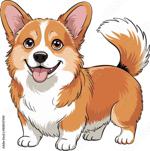 Cute cartoon corgi dog illustration standing and smiling with happy expression, perfect for children’s designs, pet themes, branding, and educational materials