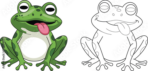 Cute cartoon frog with tongue out in colorful illustration and matching black and white outline for kids learning and fun coloring activities