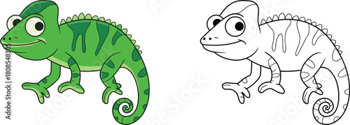 Cute green chameleon cartoon illustration with matching black and white coloring page for kids education, animal learning, drawing activity, and clipart design