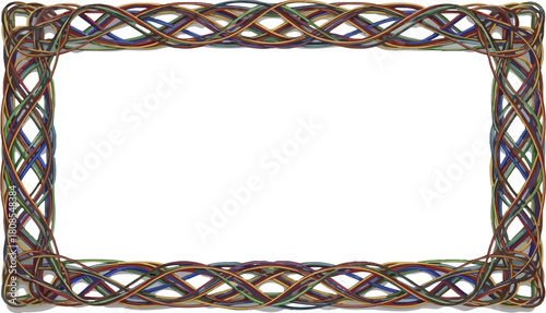 Rectangular frame made of intertwined colorful wires on white