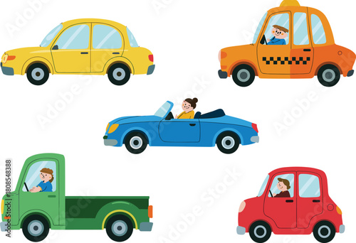 Colorful cartoon cars with happy drivers illustration featuring taxi, convertible, pickup truck and family vehicles for children education and transportation concepts