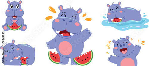 Cute cartoon baby hippo characters eating watermelon sleeping laughing and swimming in adorable kids illustration set for animal clipart design