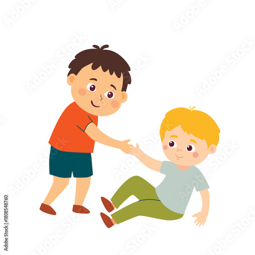 A boy helps another boy who has fallen up. Showing support, consideration, and concern for others. Vector illustration.