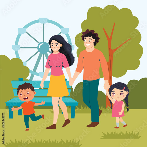 A happy family walking in the park. A family day out with mom, dad, and two kids. Time spent together. Vector illustration.