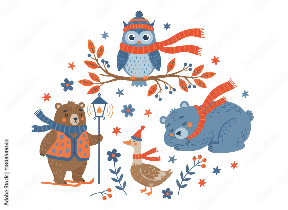 Obraz premium Winter Forest Animals Illustration Cute Bear, Owl, Goose, Holiday Design