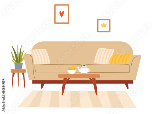 A living room interior in calm tones. A cozy sofa with pillows, a coffee table, a nightstand with a houseplant, and a rug. Vector illustration