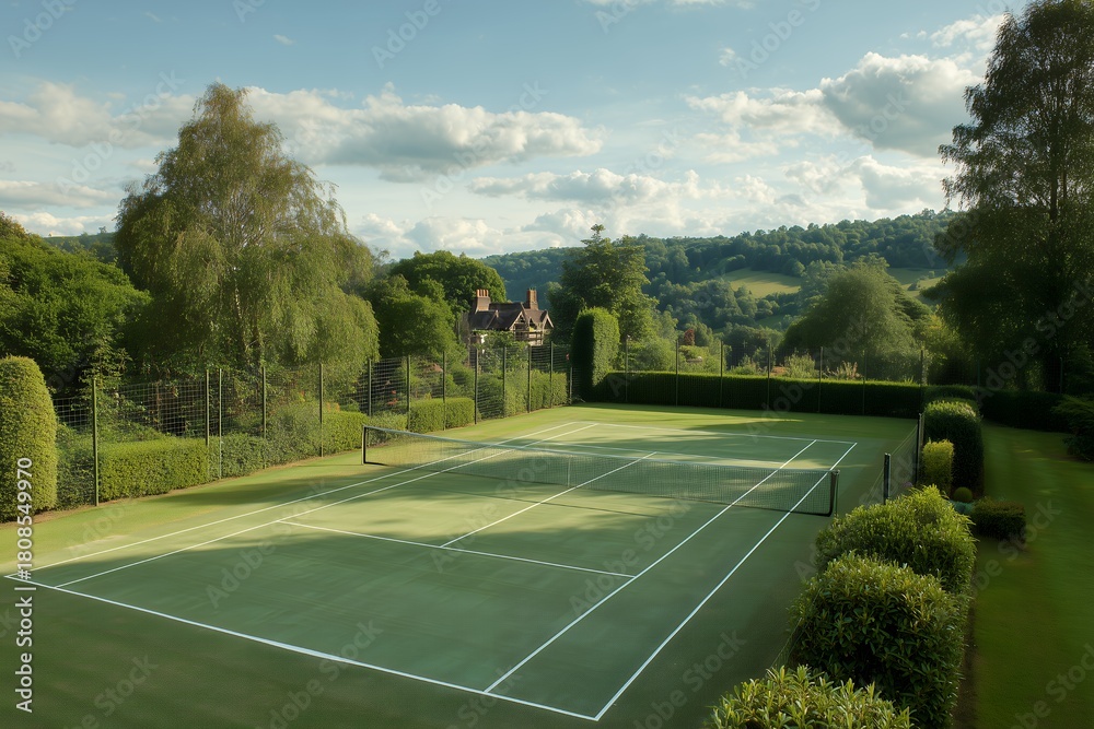 Naklejka premium Aerial view of a lush green tennis court surrounded by manicured hedges and trees, concept for recreation, leisure and sporting lifestyle