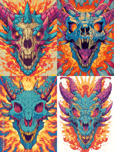 Ferocious demon beast skulls with sharp horns, glowing eyes, and intense flames. A bold fantasy illustration featuring fiery colors and monstrous expressions.