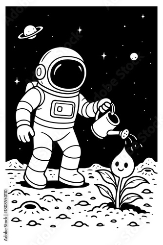 Astronaut Watering Plant on Moon Surface with Planets and Stars in Background