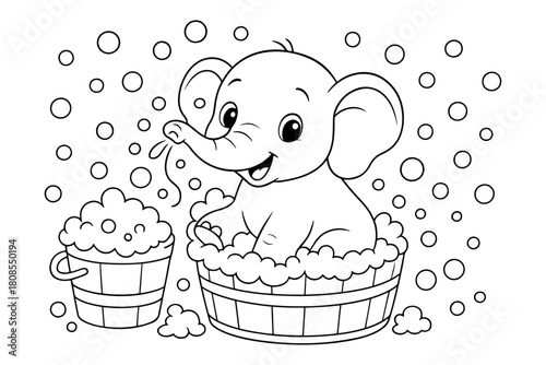 Cute Baby Elephant Taking a Bubble Bath with Bucket of Soap Suds