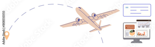 Airplane flying along dotted path heading to destination pin, paired with data analytics on a computer screen. Ideal for aviation, logistics, travel planning, data visualization, business strategy