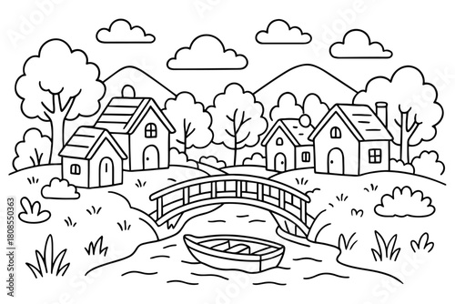 Simple Village Scene with Bridge and Boat Coloring Page for Kids