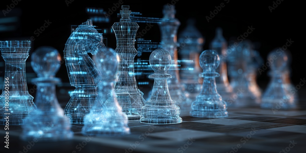 Fototapeta premium Digitally rendered chess pieces illuminated on a chessboard with intricate wireframe designs, concept for strategic planning, technological advancement and competitive intelligence