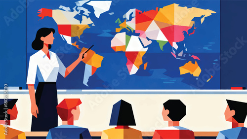 Illustration Of A Female Teacher Pointing At A World Map In Front Of Students Vector Design Template