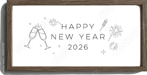 Happy new year 2026 framed print with champagne glasses art