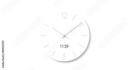 Minimalist white clock showing eleven fifty nine on display