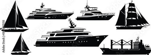 Set of black silhouettes of yachts, sailboats, cargo ships, and speed boats, marine transport vector illustration, isolated on white background.