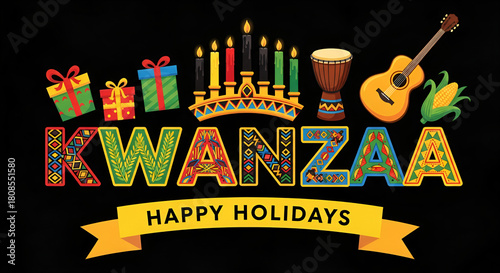 Happy kwanzaa with traditional symbols on a black background