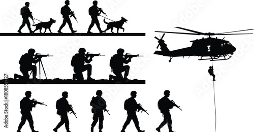 Military silhouettes vector set, army soldiers with dogs and helicopter, tactical combat troops illustration, special forces isolated on white background design