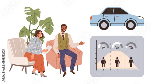 Two colleagues discussing in an office setting next to a potted plant, a car representing commute or mobility, and a statistical chart. Ideal for collaboration, conversation, data, mobility