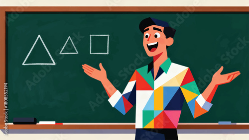 Illustration Of A Teacher Teaching In Front Of A Blackboard With An Enthusiastic Expression Vector Design Template