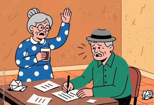 Elderly couple arguing over paperwork colorful illustration