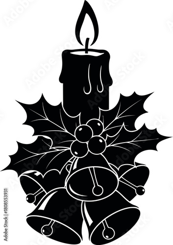 Christmas candle with holly and bells silhouette