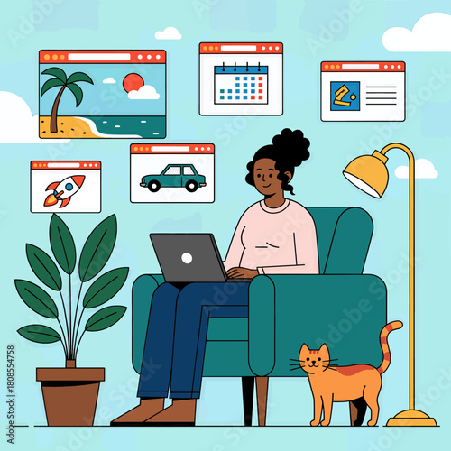 Flat woman working on laptop with cat in cozy room, colorful illustration