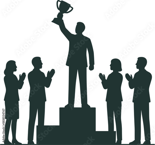 Team celebrating business success pose Silhouette of a man holding a trophy on a podium with people clapping