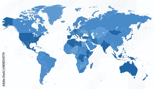 Flat world map in blue tones, minimal global concept, isolated
