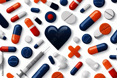 A group of medical icons, such as pills, syringes, and heartbeats, in a colorful vector design