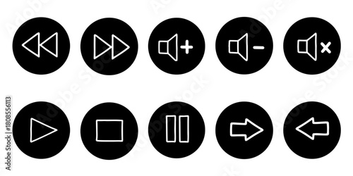 Hand drawn media player icons set vector. Minimalist black circle multimedia icon collection