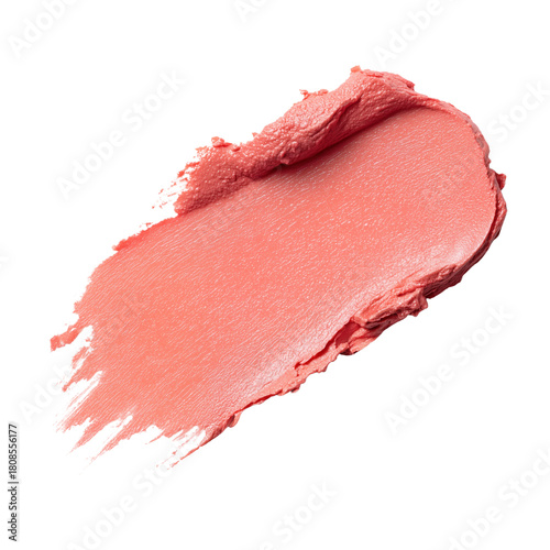 Coral pink cosmetic swatch isolated, vibrant makeup texture, creamy lipstick pigment, beauty product sample for design