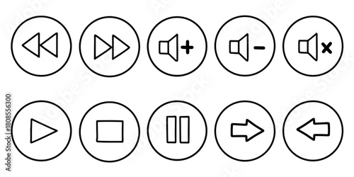 Hand drawn media player icons set vector. Minimalist circle multimedia icon collection