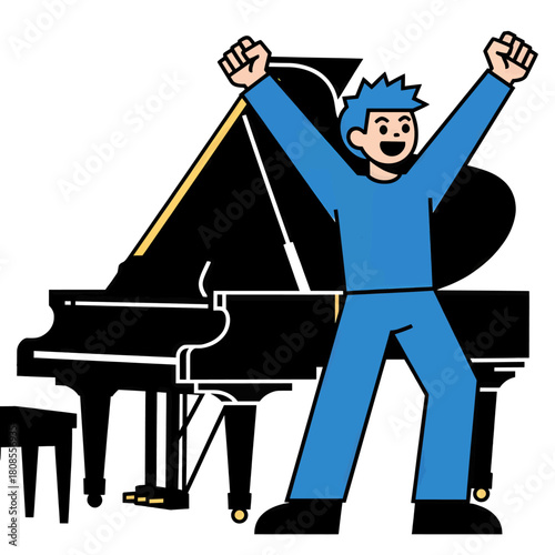 Joyful pianist jumping with raised arms, minimal flat design, isolated