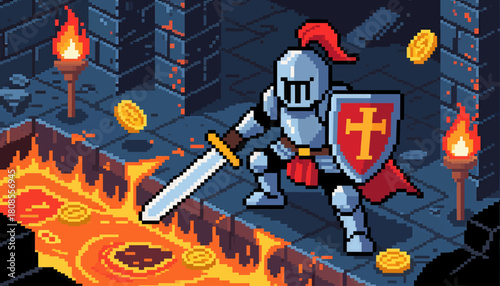 Knight in pixel art style standing near lava and coins in dungeon setting.