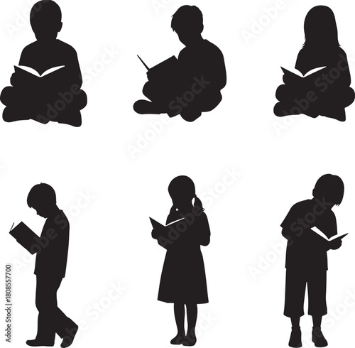 Kids Reading Book Education Silhouette Set