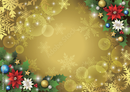 クリスマス背景、ボール、金、ポインセチア、柊、かわいい、イラスト、横