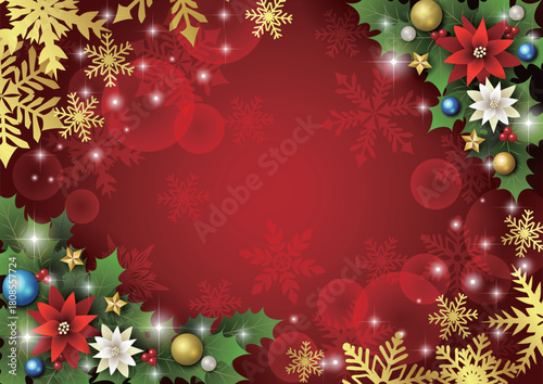 クリスマス背景、ボール、赤、ポインセチア、柊、かわいい、イラスト、横