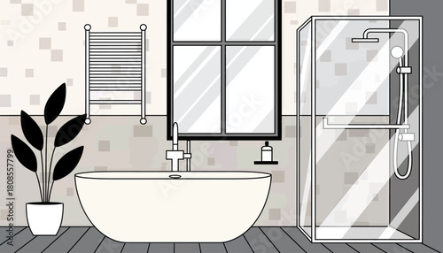 Modern bathroom interior with freestanding tub and shower, minimal vector style