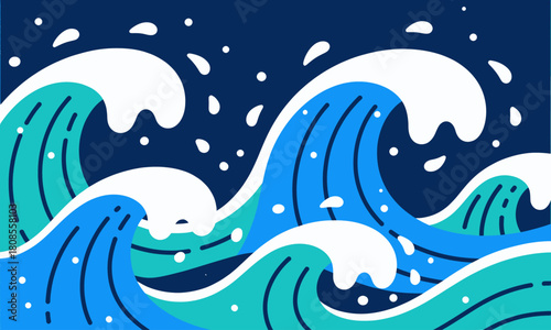 Ocean waves crashing, dynamic design, blue and white illustration