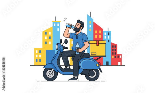 Delivery man drinks water while sitting on scooter vector illustration