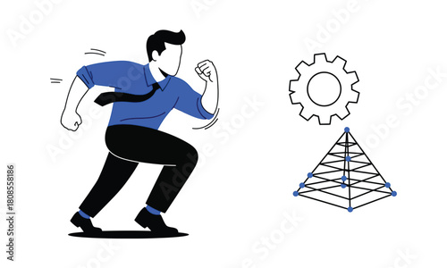 Businessman runs toward pyramid scheme and gear wheel mechanism