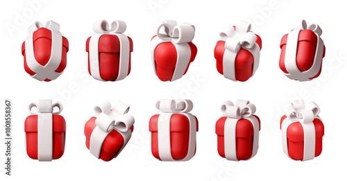 Set of red gift box with white ribbon and bow in different angles. 3d stock vector illustration model for present or holiday sale concept.