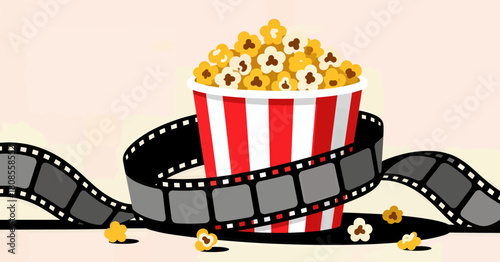 Popcorn in red and white striped bucket with film reel design