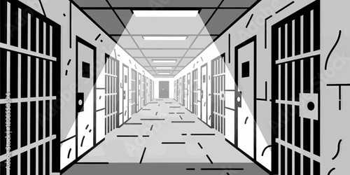 Prison cells hallway illustration, minimal black and white style