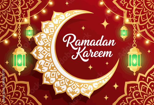 Ramadan Kareem crescent moon, ornate lanterns, festive background.