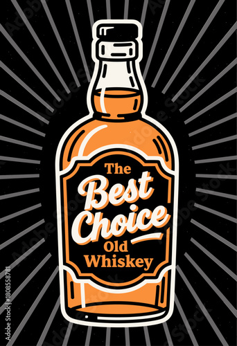 Retro whiskey bottle illustration, vibrant design, isolated