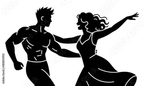 Silhouette couple dancing salsa, minimal black and white vector